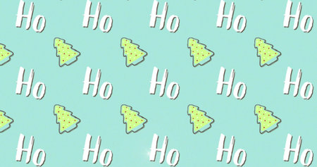 Displaying repeating holiday motifs across teal field, showing white Ho lettering and green trees....