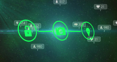 Linking padlock, blocked camera, lightbulb icons via glowing line on green dashboard with counters....