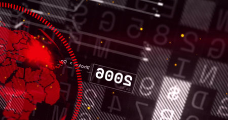 Displaying red globe occupying left on digital backdrop, featuring HUD ring, hex mesh, copy space....