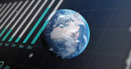 Displaying detailed 3D Earth globe rotating in virtual dashboard, showing teal bar chart. Planet,...