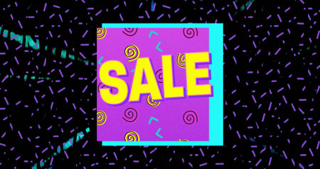Featuring central panel with cyan frame on black backdrop, showing purple interior and yellow SALE....