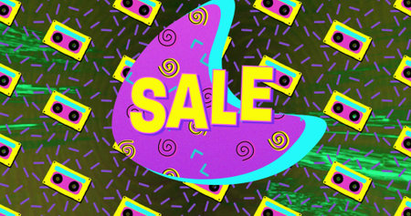 Showing purple crescent with cyan outline displaying SALE lettering on retro banner, cassette tapes....