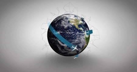Rotating globe showing Americas on grey studio backdrop with blue ribbon, planes, mesh and shadow....
