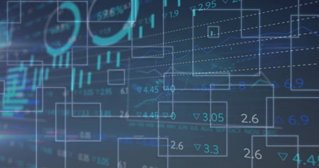 Showing trading dashboard displaying layered translucent frames, line graphs, numeric labels. Data,...