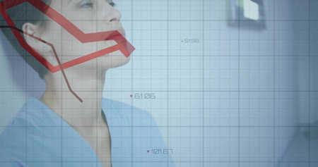Gazing clinician wearing light blue scrubs, tilting up in clinic with monitor, red chart overlay....