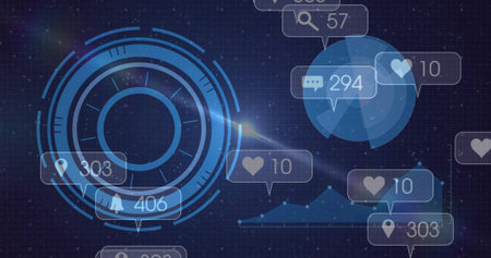 Displaying HUD on left of dashboard showing speech bubble numeric counters charts grid nebula glow....