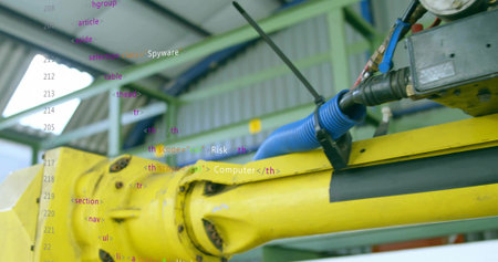 Operating yellow robotic arm rotating joint flange in factory, blue hose, gauge and code overlay. Manipulator, industrial, workshop, automation, piping, actuator, closeupの写真素材