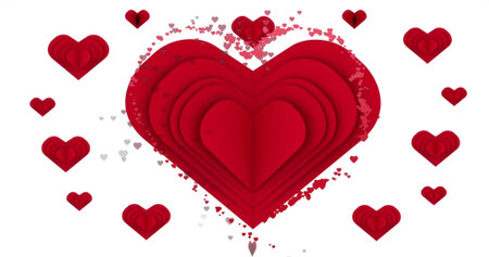 Featuring large layered red heart creating paper-cut depth on white canvas, with scattered confetti....