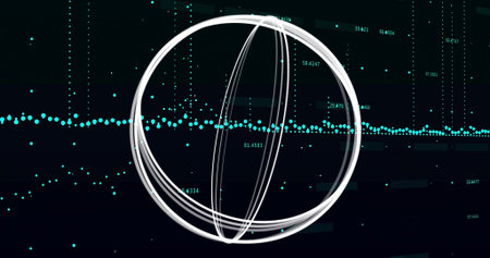 Rotating white elliptical rings forming sphere in abstract dashboard, with turquoise dotted band....