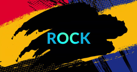 Showing poster featuring central black splash holding ROCK text in concert art with red-yellow-blue. Grunge, bold, typography, halftone, texture, gradient, abstractの写真素材