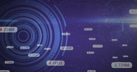 Displaying concentric HUD rings on left of UI, showing data bubbles and circuit traces, copy space....