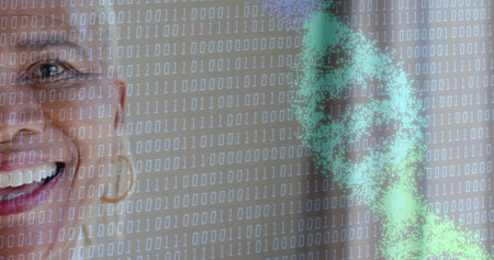 Smiling woman showing left half, neutral backdrop, gold hoop, binary overlay, DNA helix, copy space....