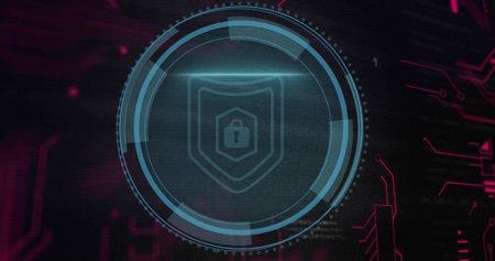 Displaying central circular HUD rotating on dark cyber dashboard, with shield padlock and circuits....