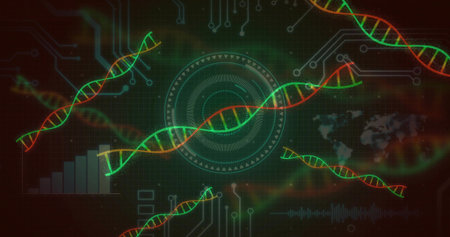 Showing neon DNA helices overlapping central circular HUD on digital dashboard, with circuit traces....