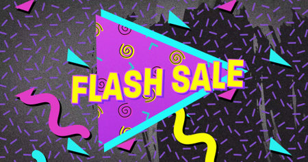 Showing magenta triangle bearing yellow FLASH SALE text on retro poster, with cyan trim and ribbons....