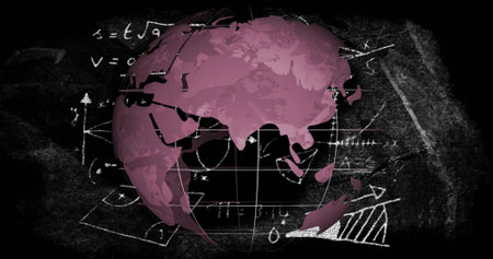 Displaying magenta globe showing Asia and Australia on chalkboard, with grid and math diagrams....