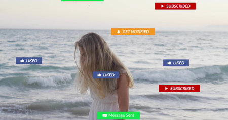 Woman standing at shoreline sending social post, LIKED bars and Message Sent banner floating. Beach,...