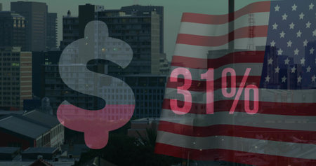 Displaying composite graphic blending into urban skyline, with American flag, dollar sign, 31%....