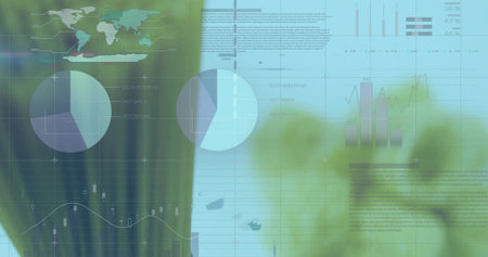 Displaying translucent dashboard on screen over blurred plant leaves showing two large pie charts....