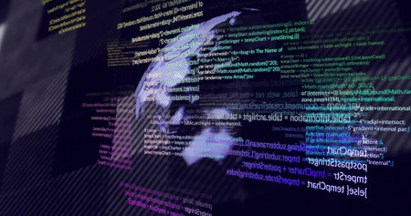 Typing hands in dark long-sleeve pressing keys at dim desk with mechanical keyboard, code overlay....