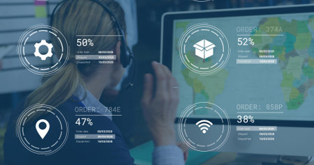 Pointing woman in headset and blazer monitoring colorful map at office, with HUD order data....