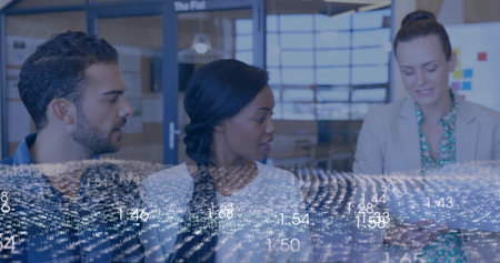 Analyzing three staff studying data overlay in office wearing business wear with augmented overlay....