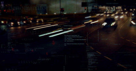 Streaming white red light streaks crossing urban highway at night, showing code overlays. Motion,...