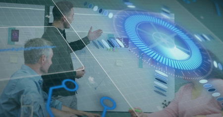 Presenting man wearing dark blazer, gesturing toward whiteboard in conference room with AR HUD....