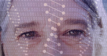 System starting biometric scan while mature woman holding gaze, binary overlay mapping nodes for ID....