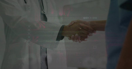 Shaking hands doctor in lab coat and nurse in blue scrubs in clinic, stethoscope, HUD overlay. Collaboration, partnership, healthcare, hospital, medical, telemedicine, digitalの写真素材