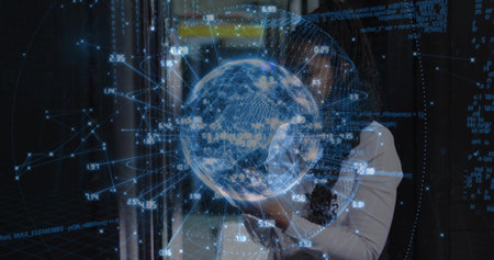 Interacting professional woman in white blouse examining holographic globe in modern lab, with data....