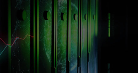 Glowing server cabinets casting green light down data center aisle, with LED panels and vent ports....