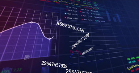 Displaying financial dashboard showing purple panel graph and floating numeric labels on grid....