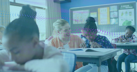 Leaning teacher in pastel shirt guiding student through open workbook in classroom with window....