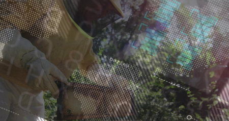 Beekeeper wearing beekeeping suit inspecting hive frame with comb at apiary, with HUD overlays....