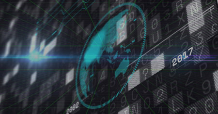 Displaying teal globe marker pulsing on HUD at center-left, with dotted ring and 2017 label....