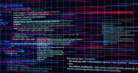 Displaying glitched neon grid and readable code on digital display, with magenta scanline bands....
