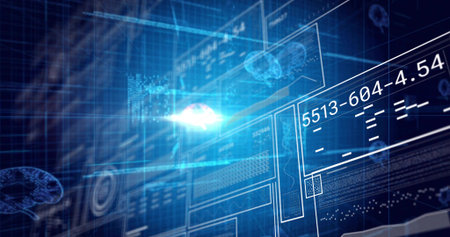 Projecting holographic data interface in 3D space, showing brain glyphs and readouts 5513-604-4.54....