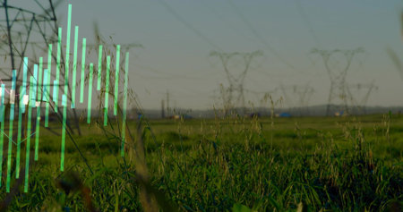 Capturing foreground tall grasses swaying on rural plain near power pylons, with turquoise overlay....