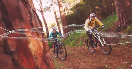 Cycling pair riding pine trail, in yellow, teal jackets, with bikes, reddish trunk, dotted overlay....