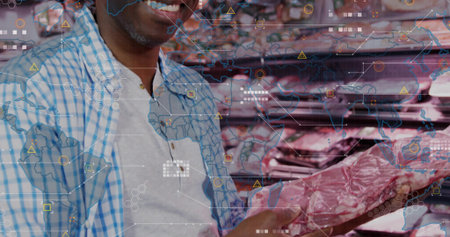 Holding man wearing checked shirt examining sealed meat wrapped in pink at meat aisle with overlay....