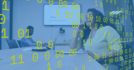 Talking woman wearing light blouse holding phone at ear smiling at meeting table, binary overlay....