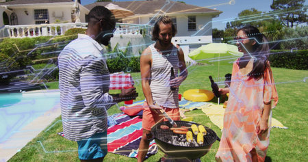 Grilling three adults wearing swimwear and coverup using charcoal grill at backyard pool with corn....