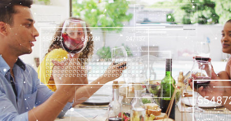 Sharing four casual diners chatting, passing plates at home table, face shield, wine and AR overlay....