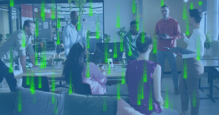 Presenting group of seven in business attire holding tablet, with binary-code overlay in office. Teamwork, collaboration, presenter, meeting, workspace, modern, openplanの写真素材