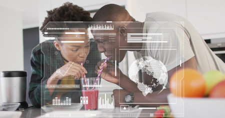 Leaning couple sipping red smoothie through two straws from clear glass on countertop, HUD overlay....