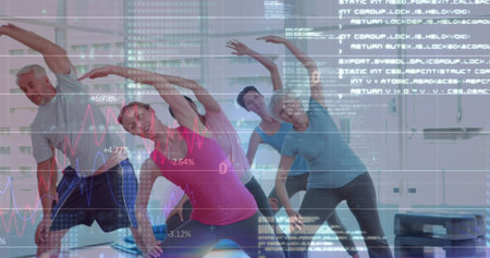 Stretching six adults bending in bright studio wearing workout gear, with mats, steps, AR overlay....