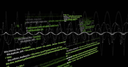 Displaying central white sine wave in black UI, showing floating green syntax code and ghost waves....