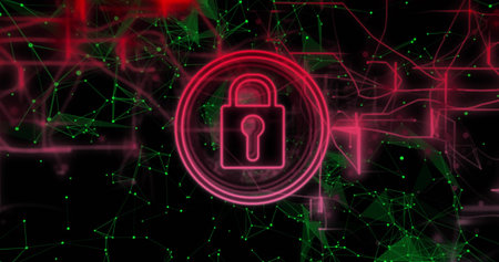 Glowing neon padlock sitting in concentric rings in cyberspace framing green node mesh and red grid....