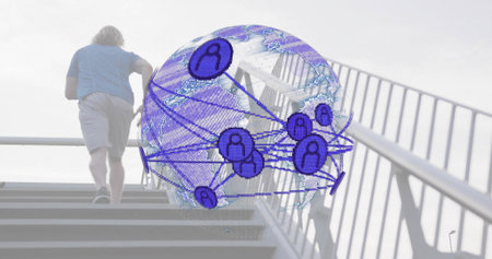 Climbing man in blue-shirt light-shorts sneakers on stairs overpass with globe overlay, copy space....